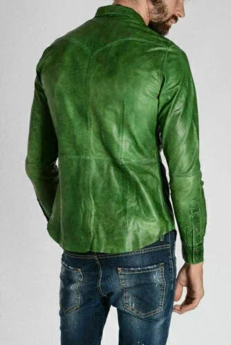 Green Leather Shirt - Premium Full-Grain Leather Shirt for Men