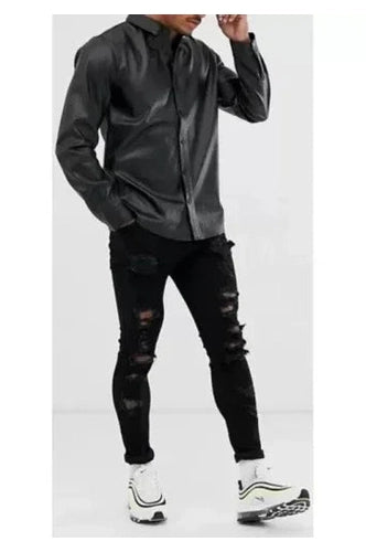 Black Leather Shirt - Premium Full-Grain Leather Shirt for Men