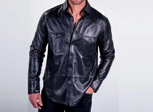 Black Polished Leather Shirt - Premium Full-Grain Leather with High-Shine Finish