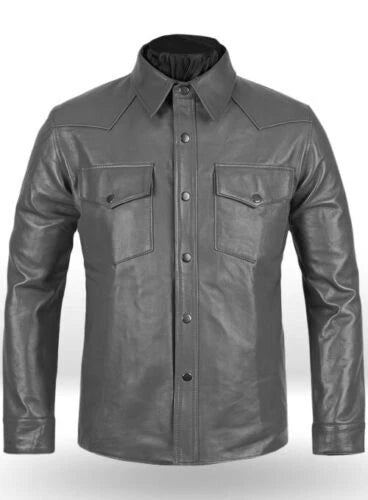Grey Original Leather Shirt - Premium Full-Grain Leather with Chest Pockets