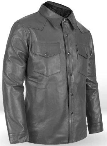 Grey Original Leather Shirt - Premium Full-Grain Leather with Chest Pockets