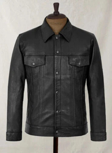 Black Leather Trucker Jacket - Premium Full-Grain Leather Classic Fit
