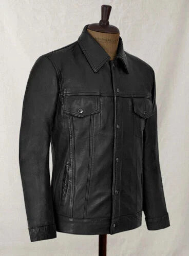 Black Leather Trucker Jacket - Premium Full-Grain Leather Classic Fit