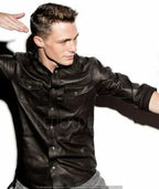 Black Leather Shirt - Premium Full-Grain Leather with Dual Chest Pockets – front view – Kamercio