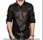 Black Leather Shirt - Premium Full-Grain Leather with Dual Chest Pockets – back view – Kamercio