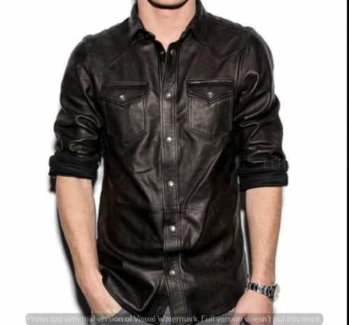 Black Leather Shirt - Premium Full-Grain Leather with Dual Chest Pockets