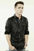 Black Leather Shirt - Premium Full-Grain Leather with Dual Chest Pockets – side view – Kamercio