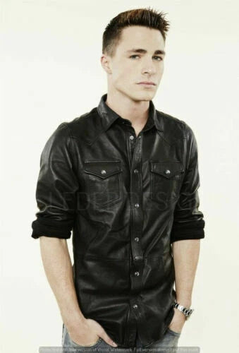 Black Leather Shirt - Premium Full-Grain Leather with Dual Chest Pockets