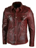 Burgundy Leather Shirt Jacket - Premium Full-Grain Leather with Shoulder Epaulettes
