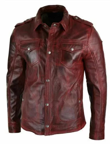 Burgundy Leather Shirt Jacket - Premium Full-Grain Leather with Shoulder Epaulettes