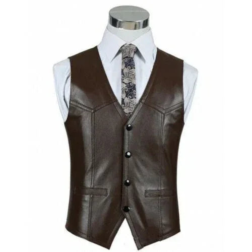 Brown Leather Vest - Premium Full-Grain Leather Formal Waistcoat