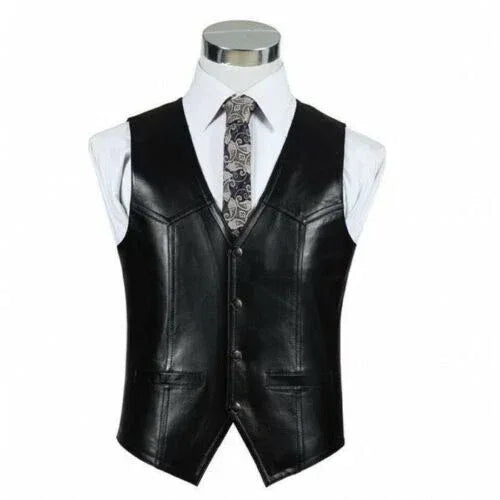 Black Leather Vest - Premium Full-Grain Leather V-Neck Waistcoat