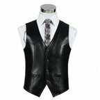 Black Leather Vest - Premium Full-Grain Leather V-Neck Waistcoat