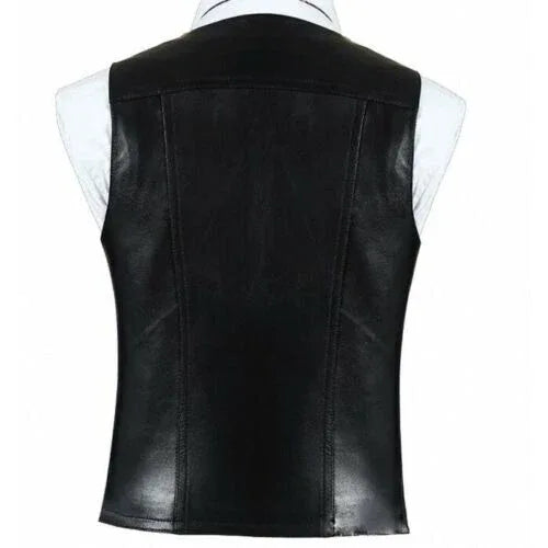 Black Leather Vest - Premium Full-Grain Leather V-Neck Waistcoat