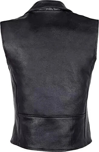Black Leather Biker Vest - Premium Full-Grain Leather Asymmetric Zipper Moto Vest with Belt