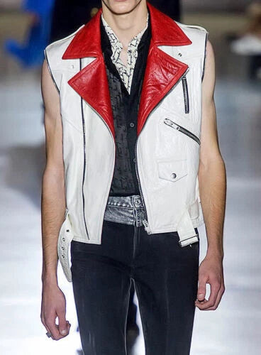 White & Red Original Leather Moto Vest - Premium Full-Grain Leather Biker Vest for Men & Women