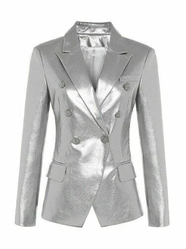 Women's Silver Leather Blazer Original - Premium Full-Grain Double-Breasted Jacket