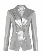 Women's Silver Leather Blazer Original - Premium Full-Grain Double-Breasted Jacket