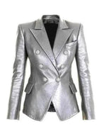 Women's Silver Leather Blazer Original - Premium Full-Grain Double-Breasted Jacket