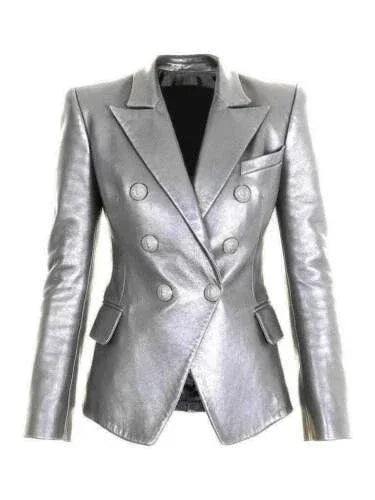 Women's Silver Leather Blazer Original - Premium Full-Grain Double-Breasted Jacket