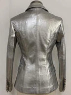 Women's Silver Leather Blazer Original - Premium Full-Grain Double-Breasted Jacket