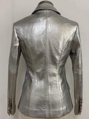 Women's Silver Leather Blazer Original - Premium Full-Grain Double-Breasted Jacket