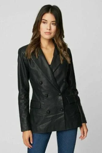 Women's Black Original Leather Blazer - Premium Full-Grain Double-Breasted Jacket