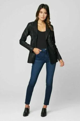 Women's Black Original Leather Blazer - Premium Full-Grain Double-Breasted Jacket