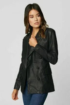 Women's Black Original Leather Blazer - Premium Full-Grain Double-Breasted Jacket