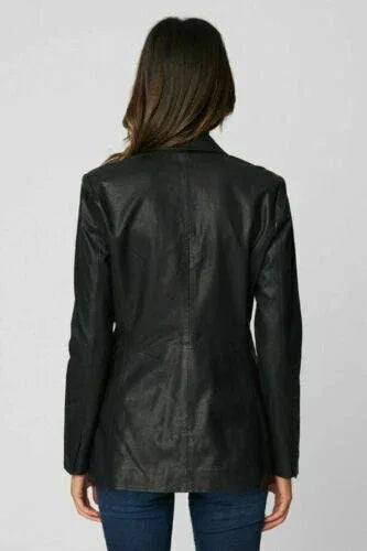 Women's Black Original Leather Blazer - Premium Full-Grain Double-Breasted Jacket