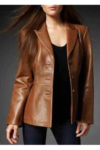 Women's Cognac Leather Blazer Original - Premium Full-Grain Three-Button Jacket