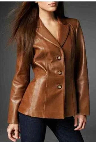 Women's Cognac Leather Blazer Original - Premium Full-Grain Three-Button Jacket