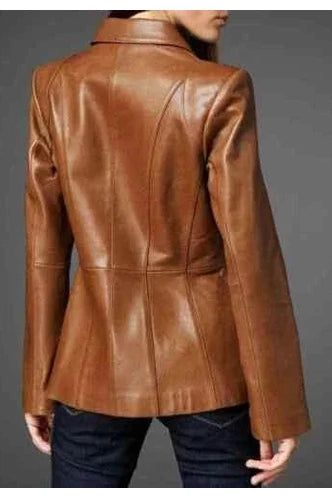 Women's Cognac Leather Blazer Original - Premium Full-Grain Three-Button Jacket