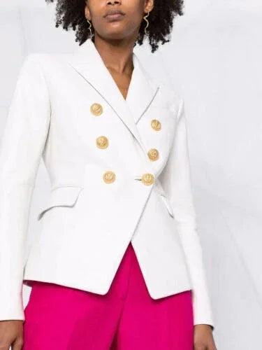 Women's White Leather Original Blazer - Premium Full-Grain Double-Breasted Jacket with Gold Buttons
