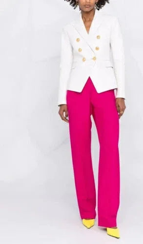 Women's White Leather Original Blazer - Premium Full-Grain Double-Breasted Jacket with Gold Buttons