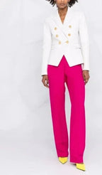 Women's White Leather Original Blazer - Premium Full-Grain Double-Breasted Jacket with Gold Buttons