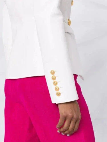 Women's White Leather Original Blazer - Premium Full-Grain Double-Breasted Jacket with Gold Buttons