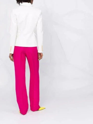 Women's White Leather Original Blazer - Premium Full-Grain Double-Breasted Jacket with Gold Buttons
