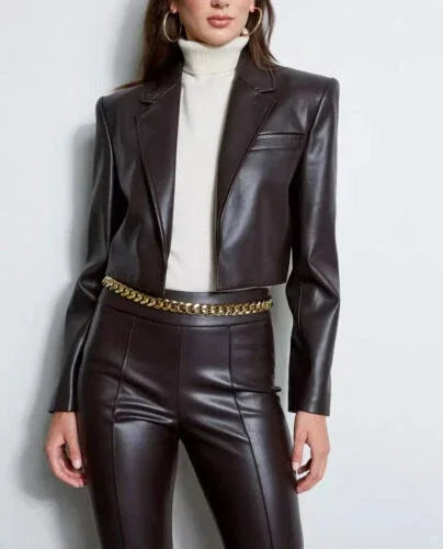 Women's Black Original Leather Cropped Blazer - Premium Full-Grain Open-Front Jacket
