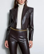 Women's Black Original Leather Cropped Blazer - Premium Full-Grain Open-Front Jacket
