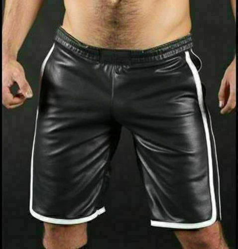 Men's Black Original Leather Shorts White Piping Trim Elasticized Waist Handcrafted