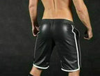 Men's Black Original Leather Shorts White Piping Trim Elasticized Waist Handcrafted
