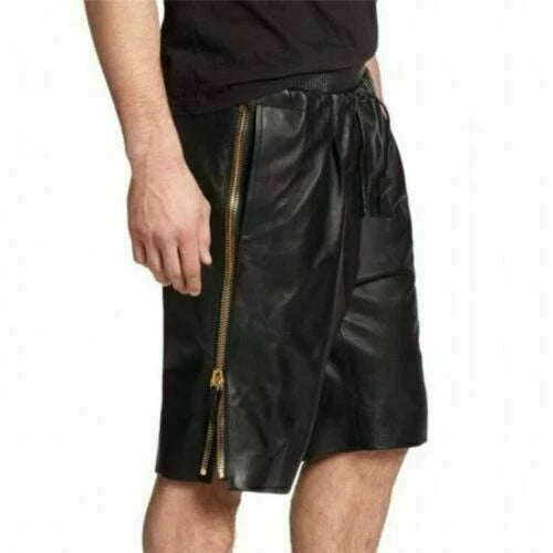Men's Black Original Leather Shorts Ribbed Waistband Side Zippers Handcrafted