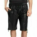 Men's Black Original Leather Shorts Ribbed Waistband Side Zippers Handcrafted