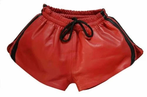 Men's Red Leather Shorts | Black Trim | Drawstring Waist | Handcrafted