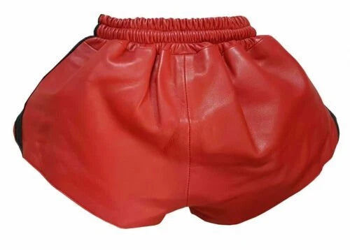 Men's Red Leather Shorts | Black Trim | Drawstring Waist | Handcrafted