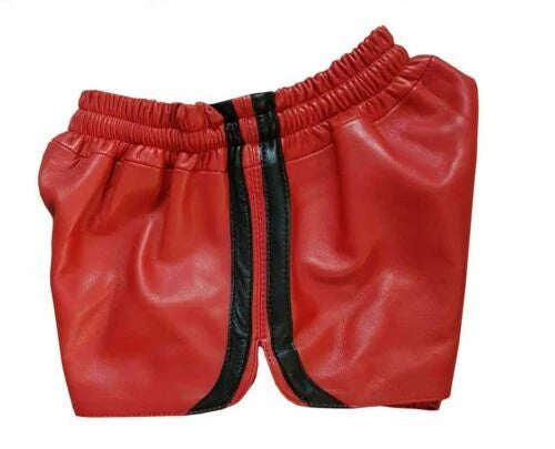 Men's Red Leather Shorts | Black Trim | Drawstring Waist | Handcrafted