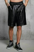 Men's Black Leather Shorts Elasticized Waistband Drawstring Handcrafted
