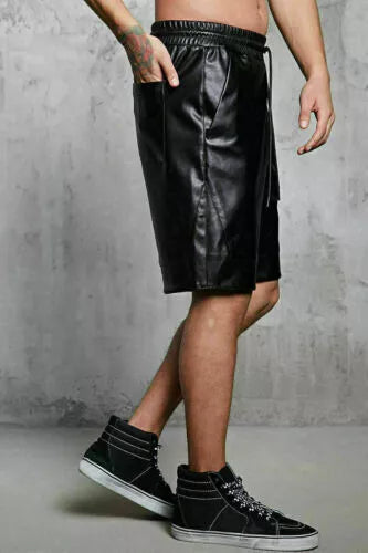 Men's Black Leather Shorts Elasticized Waistband Drawstring Handcrafted