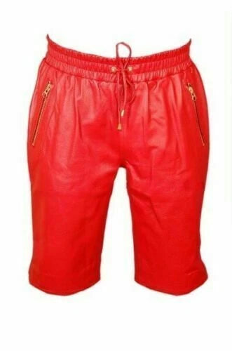 Men's Red Leather Shorts Gold Zipper Pockets Drawstring Waist Handcrafted